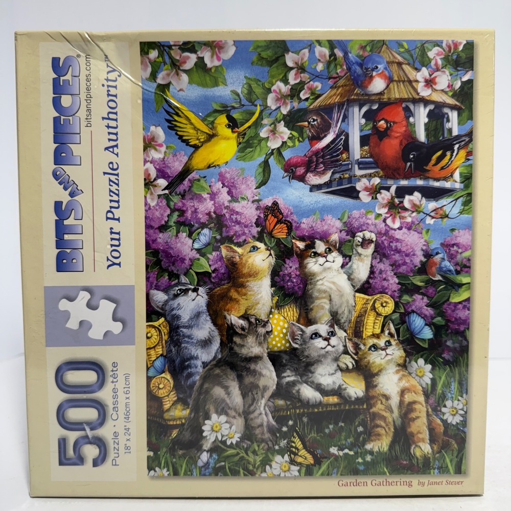 Bits And Pieces Garden Gathering 500 Piece Puzzle Kittens Cats Birdfeeder